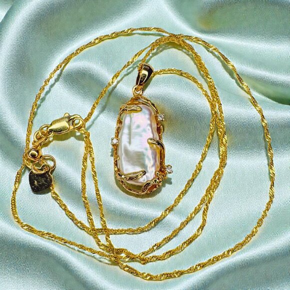 VINTAGE- 14K Gold -Baroque Pearl & Diamond Necklace -21" Brutalist Freeform-3.9g - Picture 9 of 16